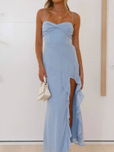 Pretty Twist Sweetheart Resort High Split Ruffle Chiffon Slip Midi Dress