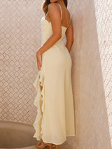 Pretty Twist Sweetheart Resort High Split Ruffle Chiffon Slip Midi Dress