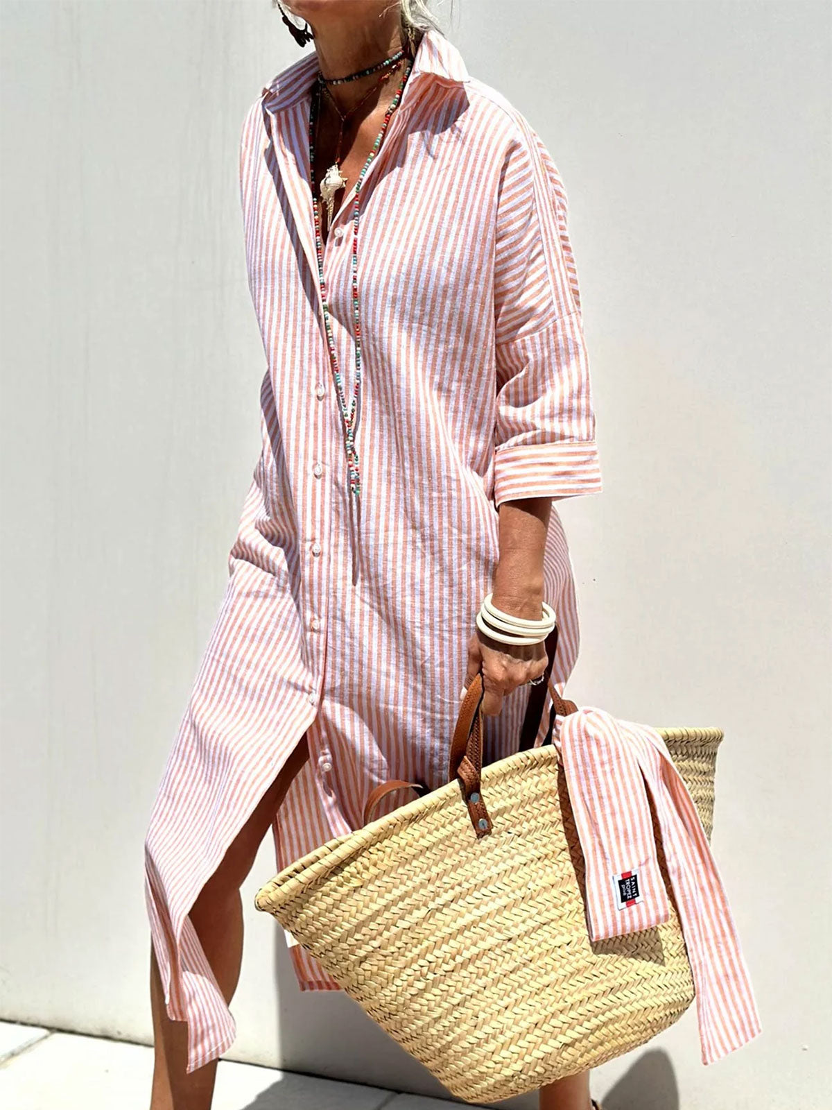 Resort Collared Button Down Half Sleeve Slit Printed Shirt Midi Dress