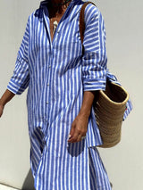 Resort Collared Button Down Half Sleeve Slit Printed Shirt Midi Dress