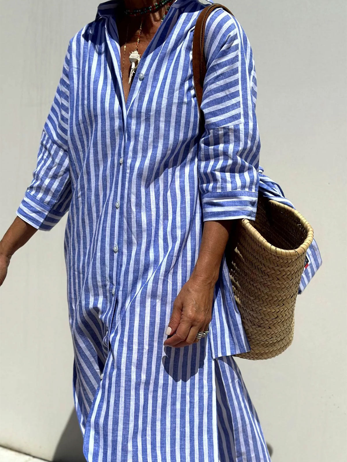 Resort Collared Button Down Half Sleeve Slit Printed Shirt Midi Dress