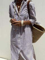 Resort Collared Button Down Half Sleeve Slit Printed Shirt Midi Dress