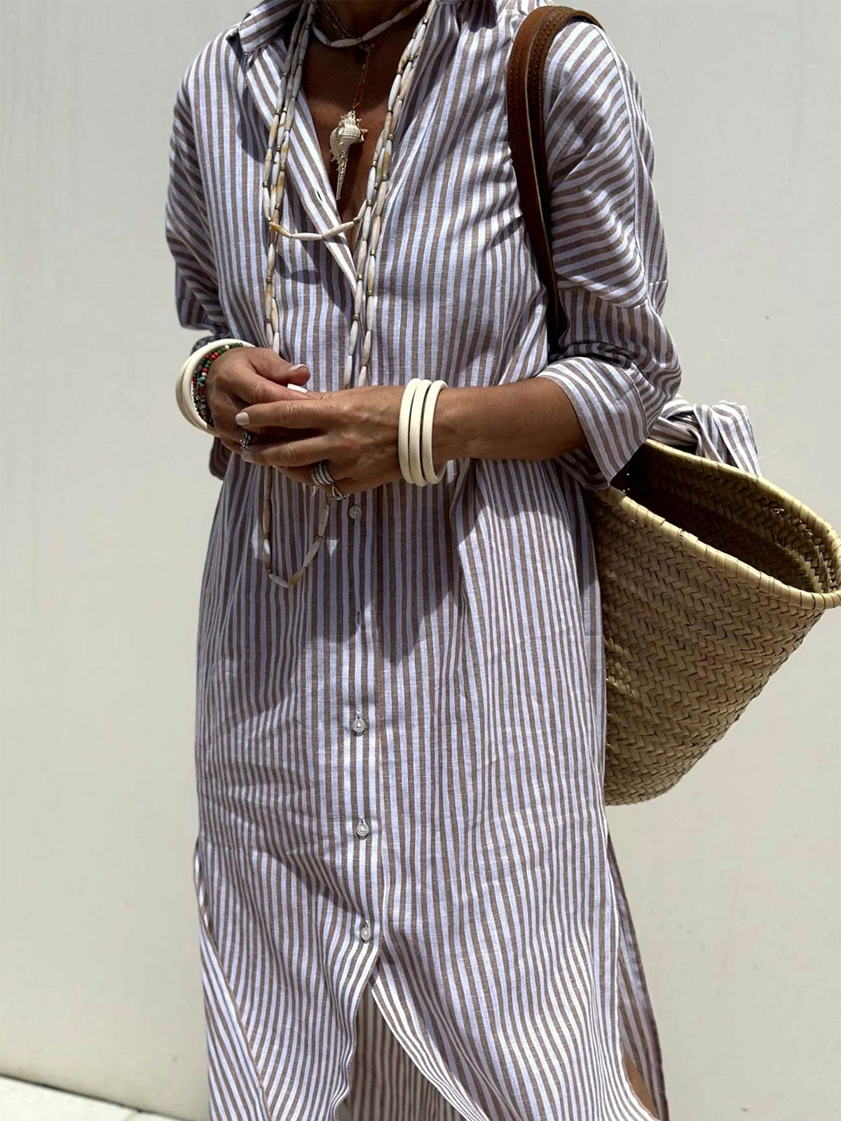 Resort Collared Button Down Half Sleeve Slit Printed Shirt Midi Dress