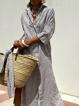 Resort Collared Button Down Half Sleeve Slit Printed Shirt Midi Dress