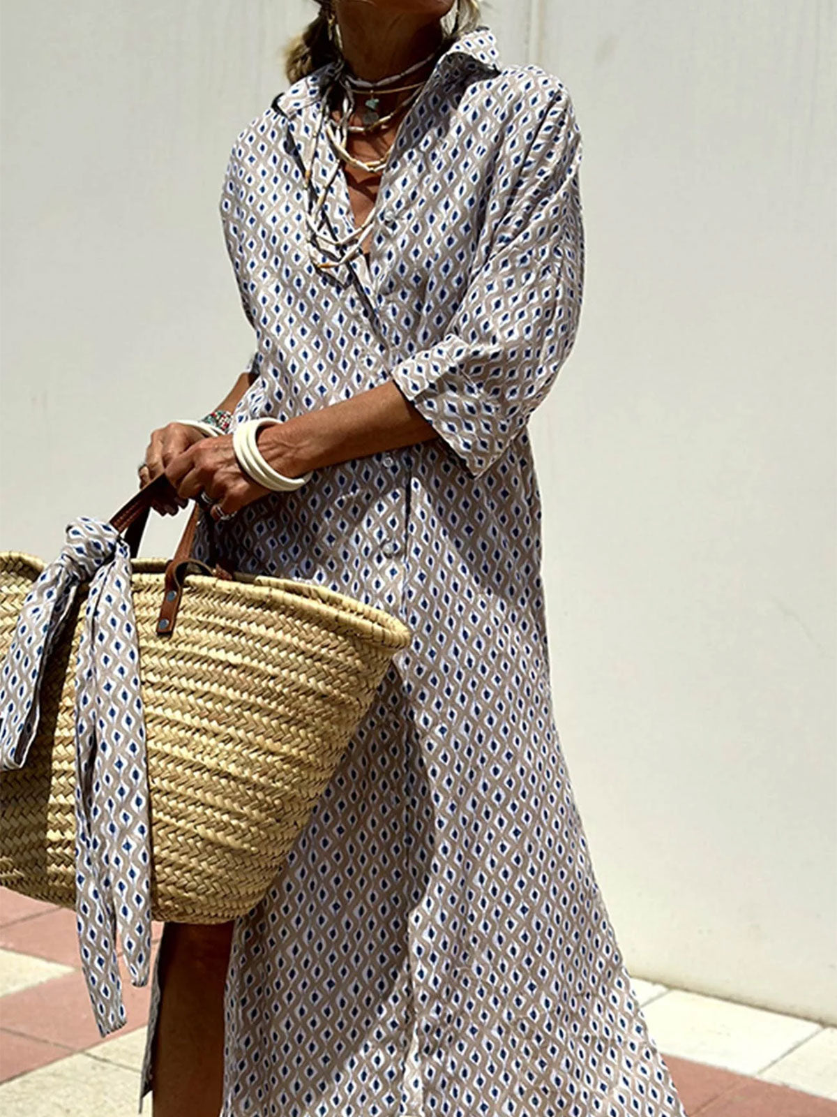 Resort Collared Button Down Half Sleeve Slit Printed Shirt Midi Dress