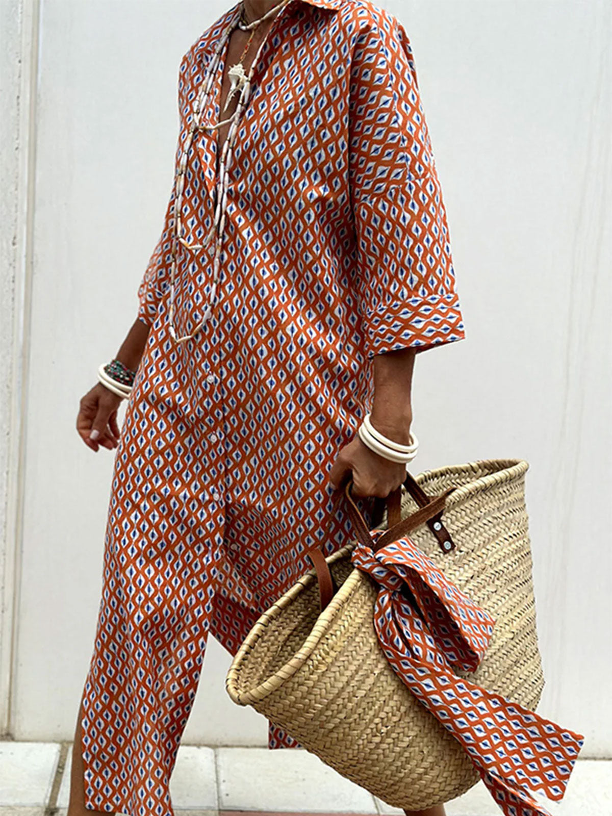 Resort Collared Button Down Half Sleeve Slit Printed Shirt Midi Dress