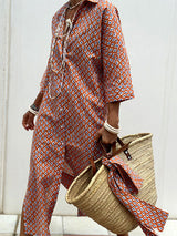 Resort Collared Button Down Half Sleeve Slit Printed Shirt Midi Dress