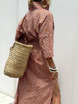 Resort Collared Button Down Half Sleeve Slit Printed Shirt Midi Dress
