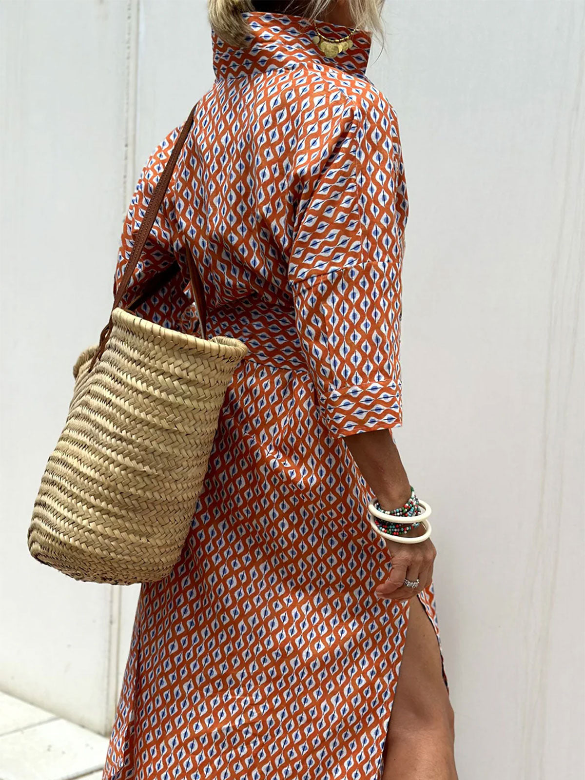 Resort Collared Button Down Half Sleeve Slit Printed Shirt Midi Dress