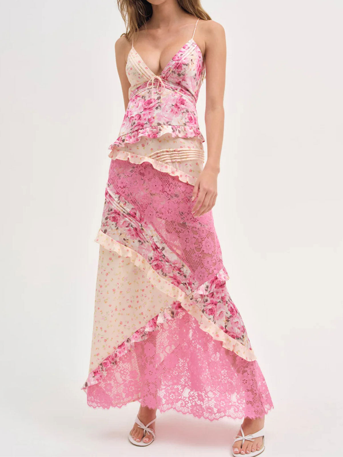 Resort Pleated V Neck Ruffle Floral Patchwork Lace Slip Maxi Dress