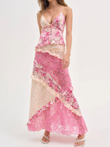 Resort Pleated V Neck Ruffle Floral Patchwork Lace Slip Maxi Dress