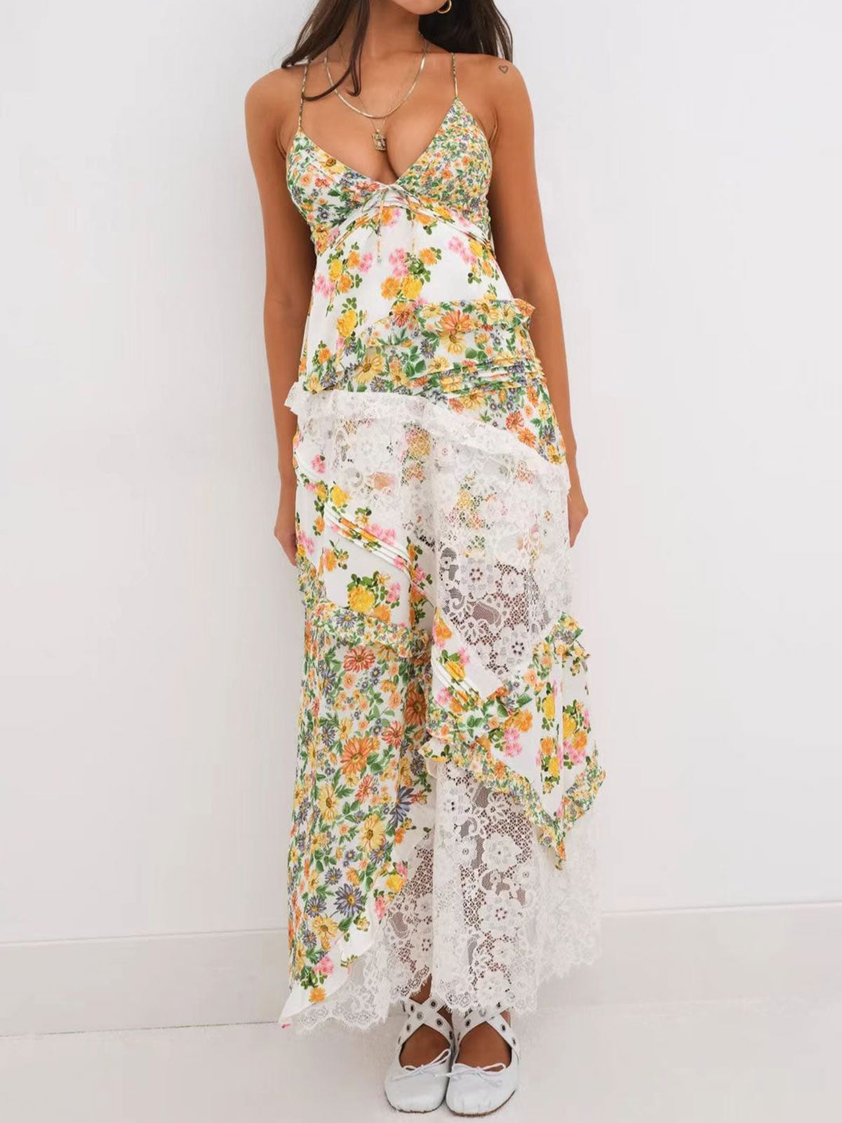 Resort Pleated V Neck Ruffle Floral Patchwork Lace Slip Maxi Dress