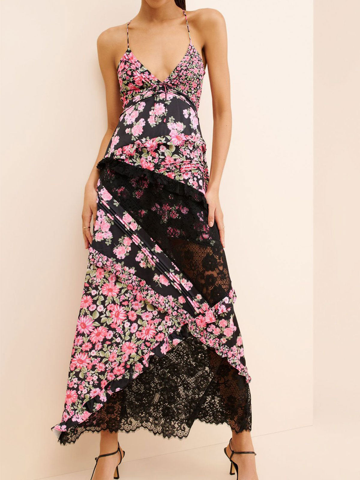 Resort Pleated V Neck Ruffle Floral Patchwork Lace Slip Maxi Dress