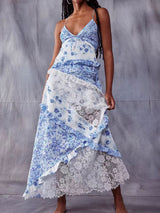 Resort Pleated V Neck Ruffle Floral Patchwork Lace Slip Maxi Dress