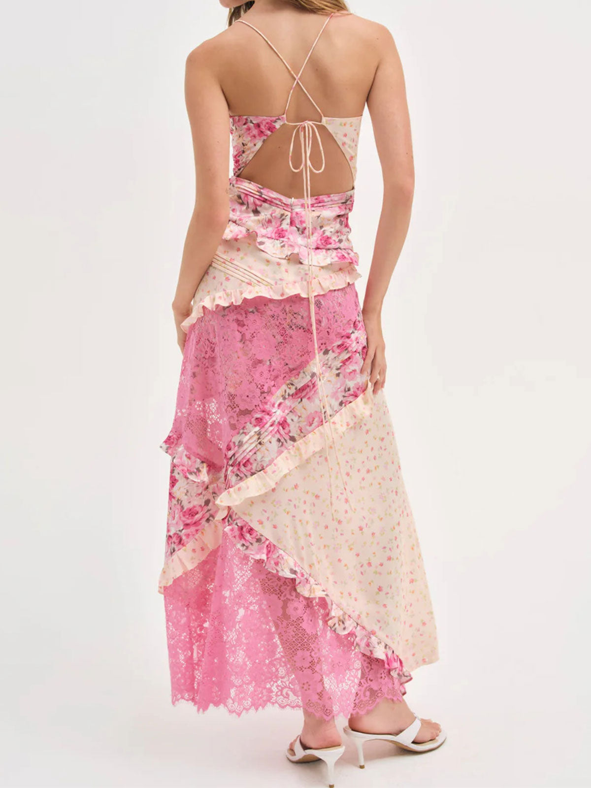 Resort Pleated V Neck Ruffle Floral Patchwork Lace Slip Maxi Dress