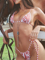 Resort Striped Ruched Tie Side Halter Triangle Two Piece Bikini Set