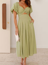 Resort Twist V Neck Cutout Pocket Trim Resort Puff Sleeve Midi Dress