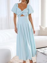 Resort Twist V Neck Cutout Pocket Trim Resort Puff Sleeve Midi Dress