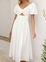 Resort Twist V Neck Cutout Pocket Trim Resort Puff Sleeve Midi Dress