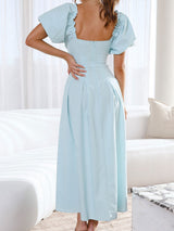 Resort Twist V Neck Cutout Pocket Trim Resort Puff Sleeve Midi Dress