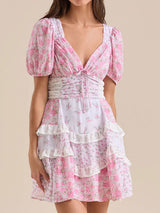Retro Floral Puff Sleeve Pleated Resort Lace Tiered Ruffle Mini Dress