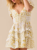 Retro Floral Puff Sleeve Pleated Resort Lace Tiered Ruffle Mini Dress