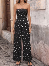 Retro Polka Dot Ruched Strapless High Waist Resort Wide Leg Jumpsuits