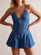 Retro V Neck Spaghetti Tie Back A Line Resort Wide Leg Denim Romper