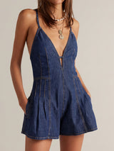 Retro V Neck Spaghetti Tie Back A Line Resort Wide Leg Denim Romper