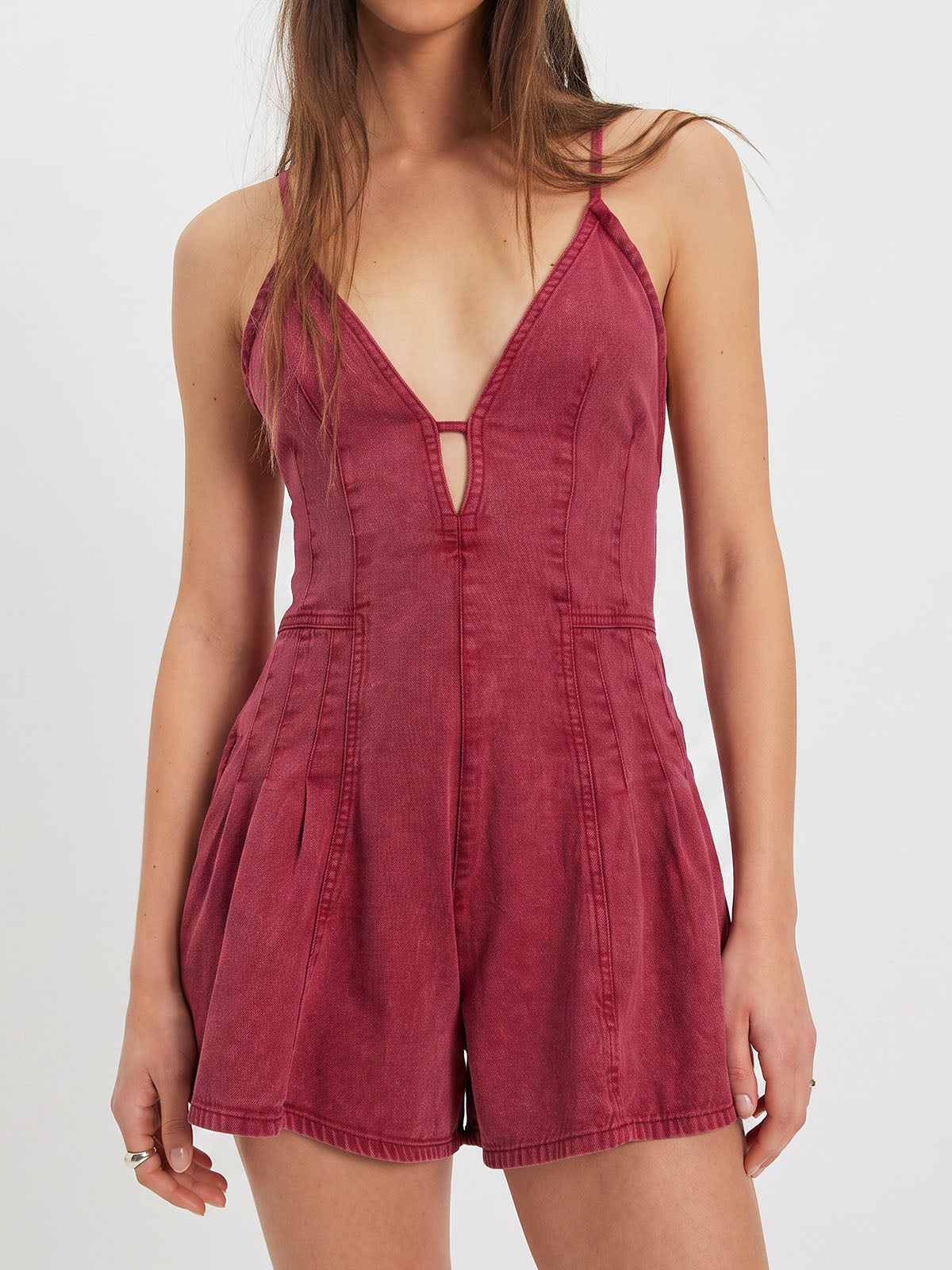 Retro V Neck Spaghetti Tie Back A Line Resort Wide Leg Denim Romper