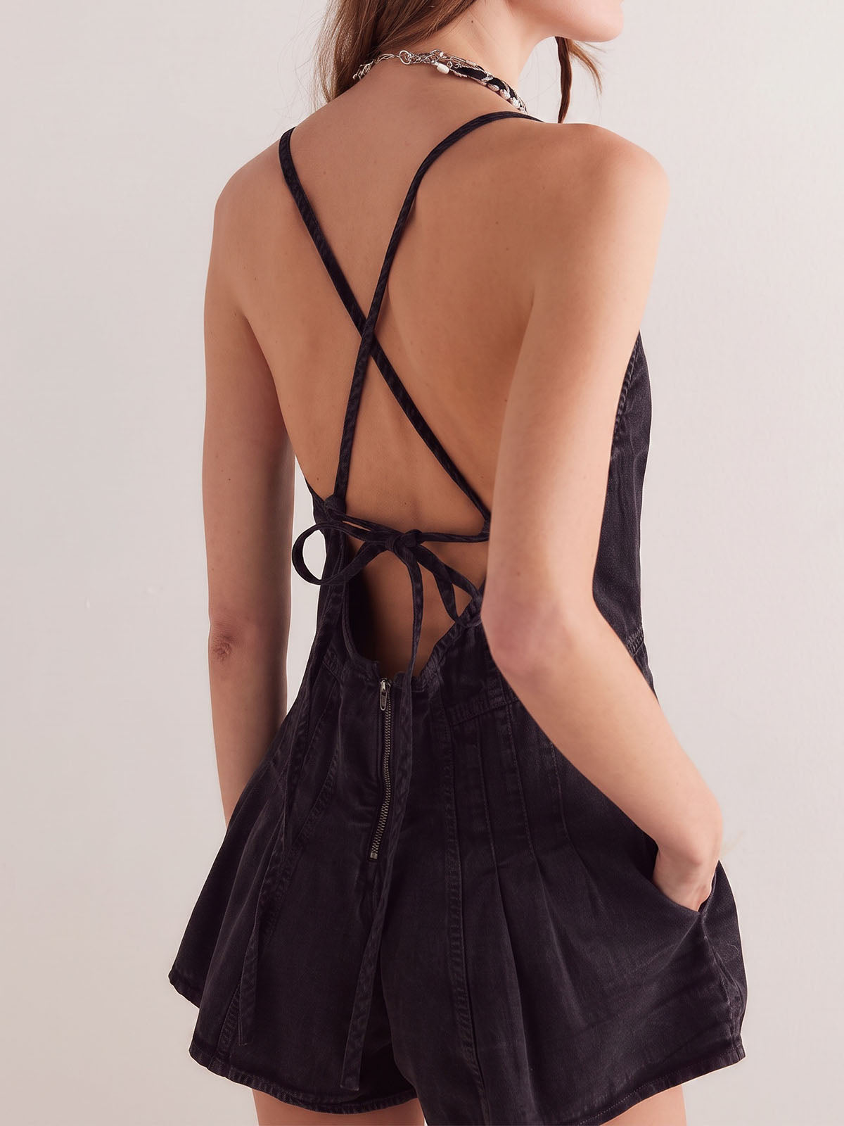 Retro V Neck Spaghetti Tie Back A Line Resort Wide Leg Denim Romper