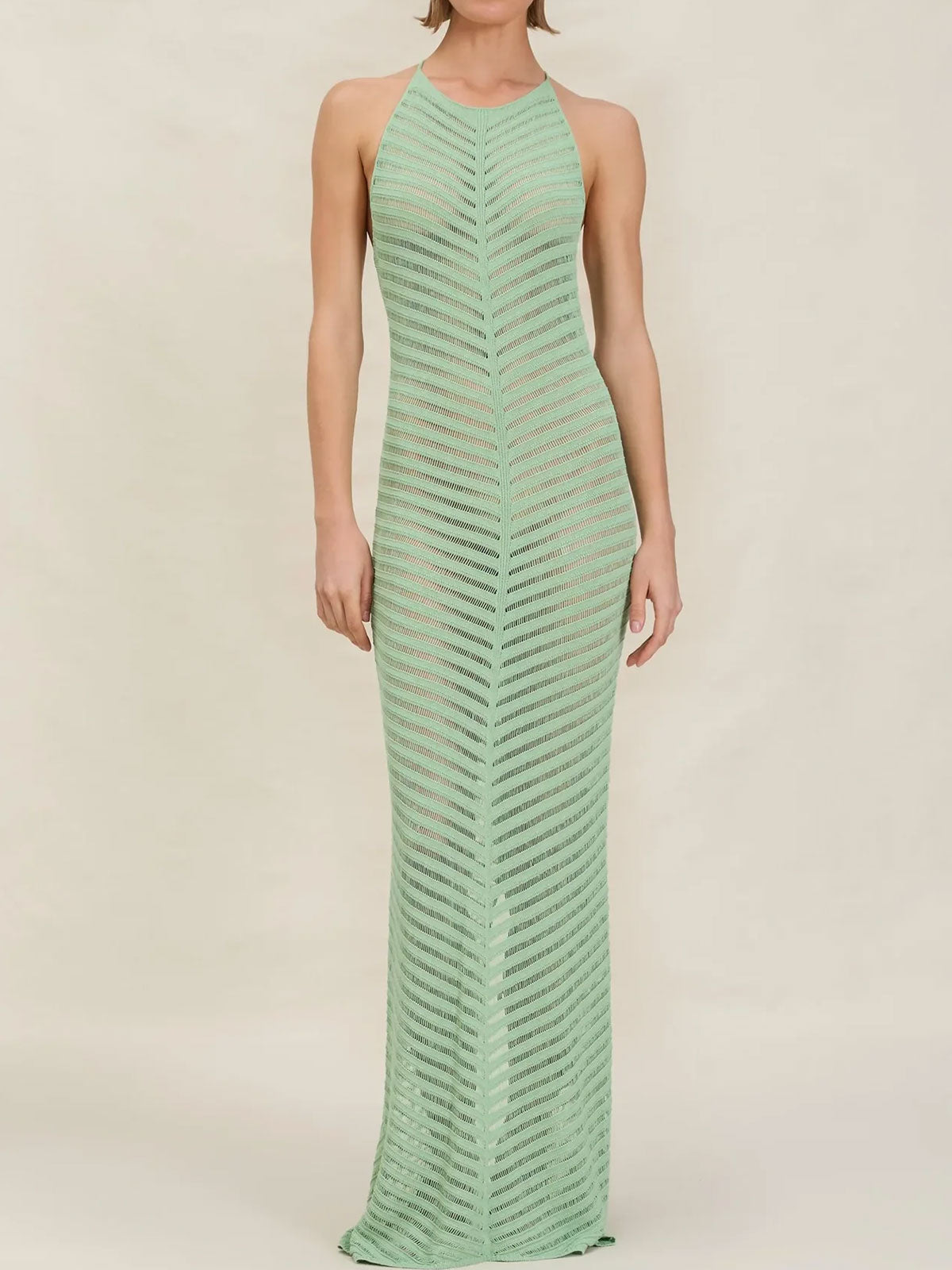 Sparkly Ring High Neck Ladder Knit Beach Crochet Cover Up Maxi Dress