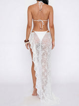 Ruffle Lace Sarong Beaded Tie Side Triangle Three Piece Bikini Set