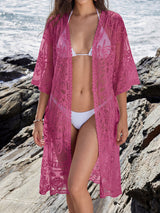 Scalloped Kimono Sleeve Embroidered Lace Mini Beach Cover Up