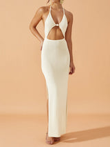 Sexy Backless Beaded Halter Tie Cutout Resort Split Knit Maxi Dress