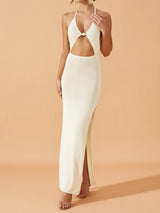 Sexy Backless Beaded Halter Tie Cutout Resort Split Knit Maxi Dress