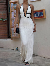 Sexy Backless Contrast Halter Tie Resort Crochet Knit Maxi Dress