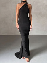 Sexy Backless Draped O Ring One Shoulder Ruched Fishtail Maxi Dress