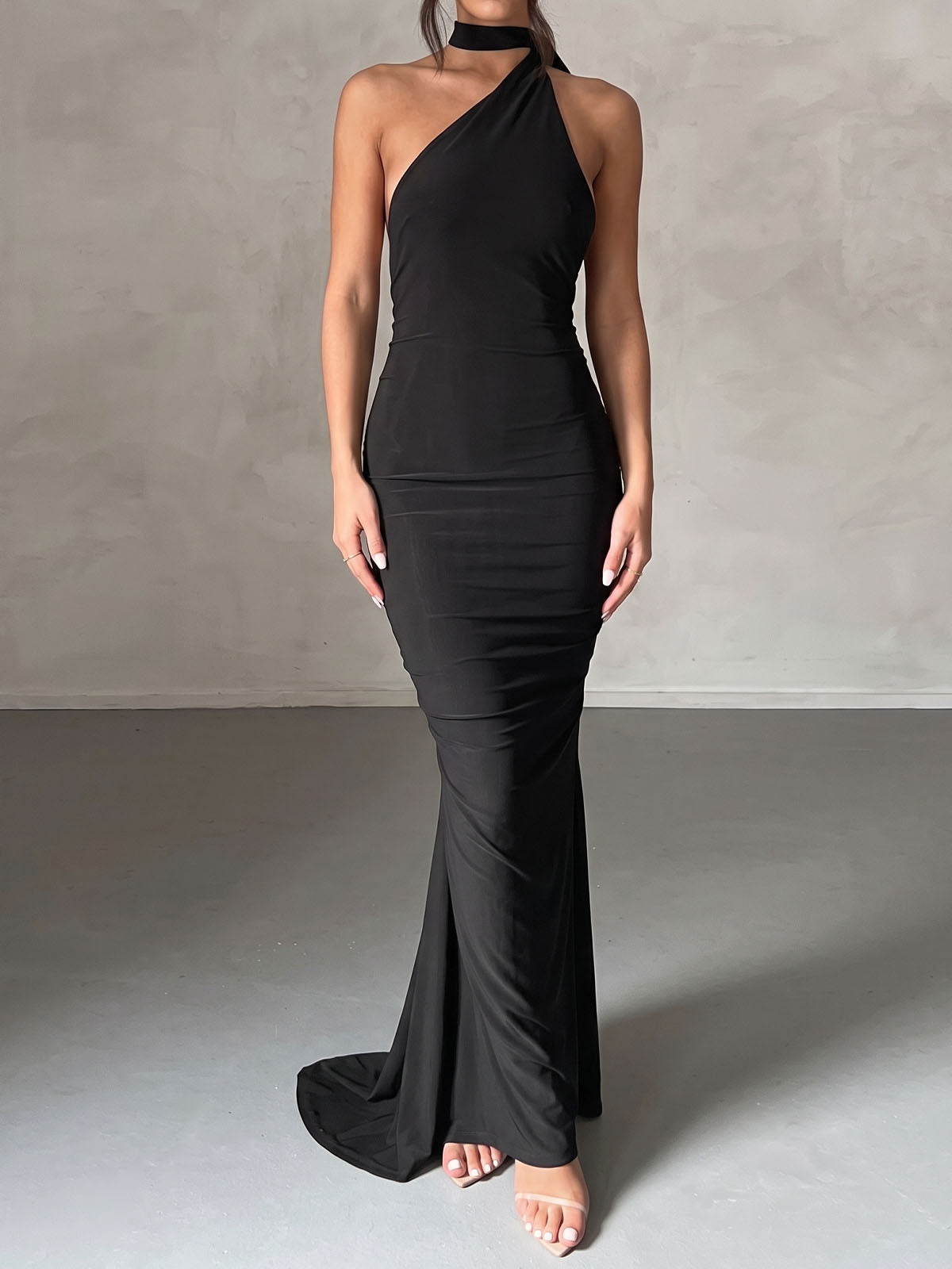 Sexy Backless Draped O Ring One Shoulder Ruched Fishtail Maxi Dress