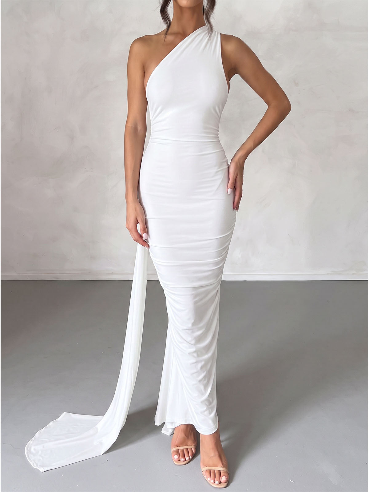 Sexy Backless Draped O Ring One Shoulder Ruched Fishtail Maxi Dress