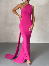Sexy Backless Draped O Ring One Shoulder Ruched Fishtail Maxi Dress