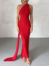 Sexy Backless Draped O Ring One Shoulder Ruched Fishtail Maxi Dress