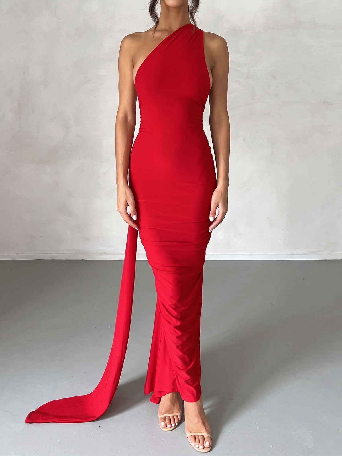 Sexy Backless Draped O Ring One Shoulder Ruched Fishtail Maxi Dress