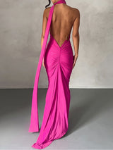 Sexy Backless Draped O Ring One Shoulder Ruched Fishtail Maxi Dress
