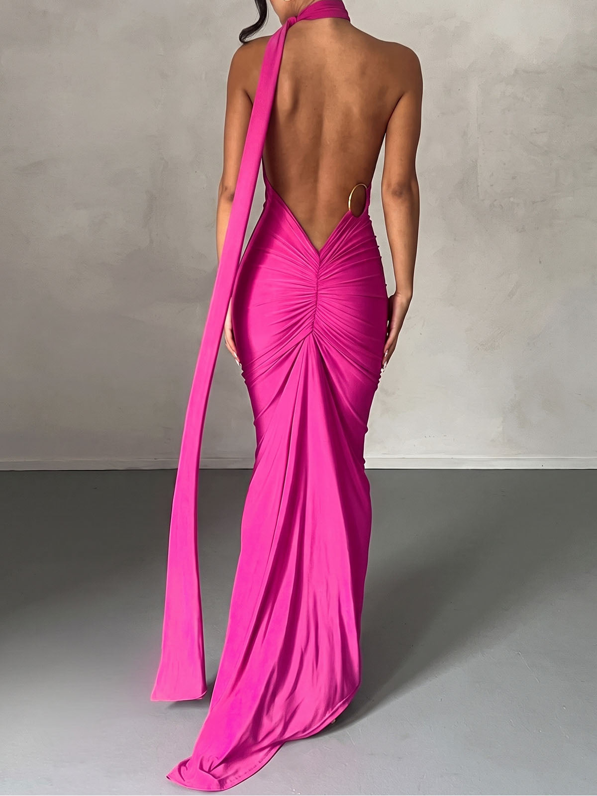 Sexy Backless Draped O Ring One Shoulder Ruched Fishtail Maxi Dress