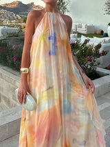 Sexy Backless Halter Tie A Line Resort Chiffon Floral Maxi Dress