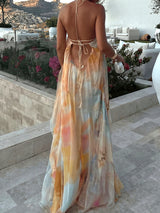 Sexy Backless Halter Tie A Line Resort Chiffon Floral Maxi Dress