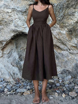 Sexy Backless V Neck Tie Shoulder Resort Linen Slip Maxi Dress