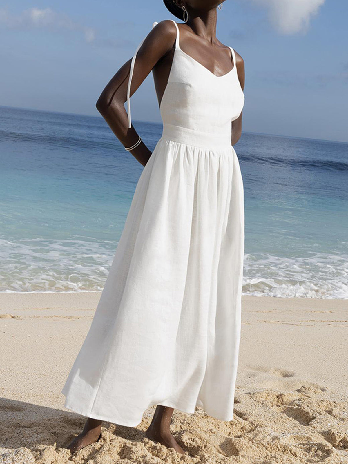 Sexy Backless V Neck Tie Shoulder Resort Linen Slip Maxi Dress