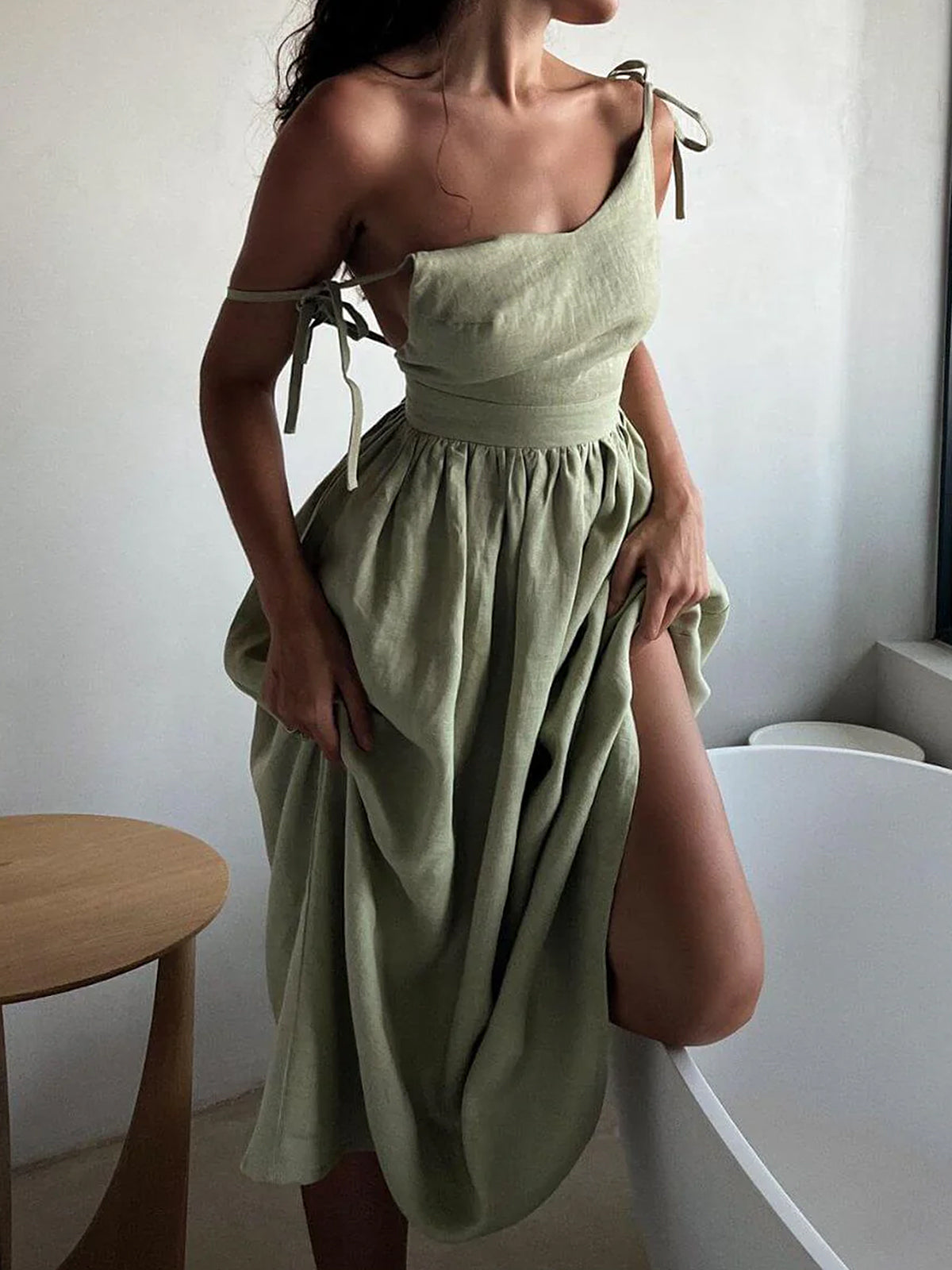 Sexy Backless V Neck Tie Shoulder Resort Linen Slip Maxi Dress